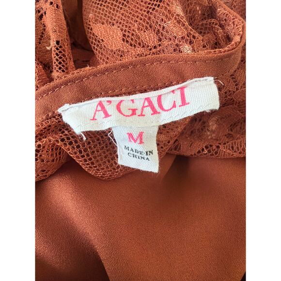 A'gaci Burnt Orange Blouse Top Sheer Lace Yoke Long Sleeves Women’s Medium Y2K - Picture 6 of 8